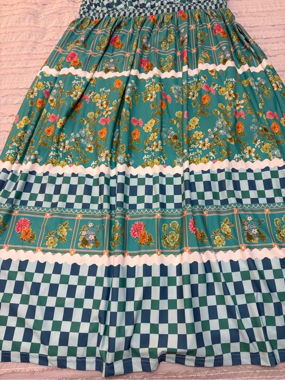 Grace Karin Turquoise Blue Floral Checkered Maxi Dress-measurements in photos - Picture 9 of 9
